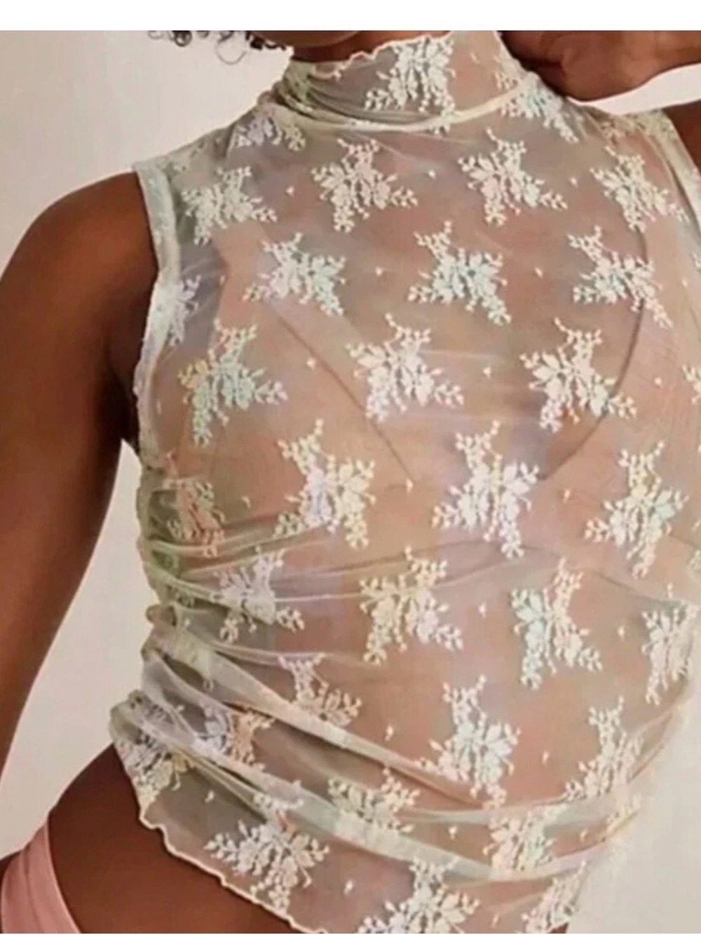 Intimately by Free People Nice Try sheer Mock Neck Tank muscle Top, Sz M NWT!!